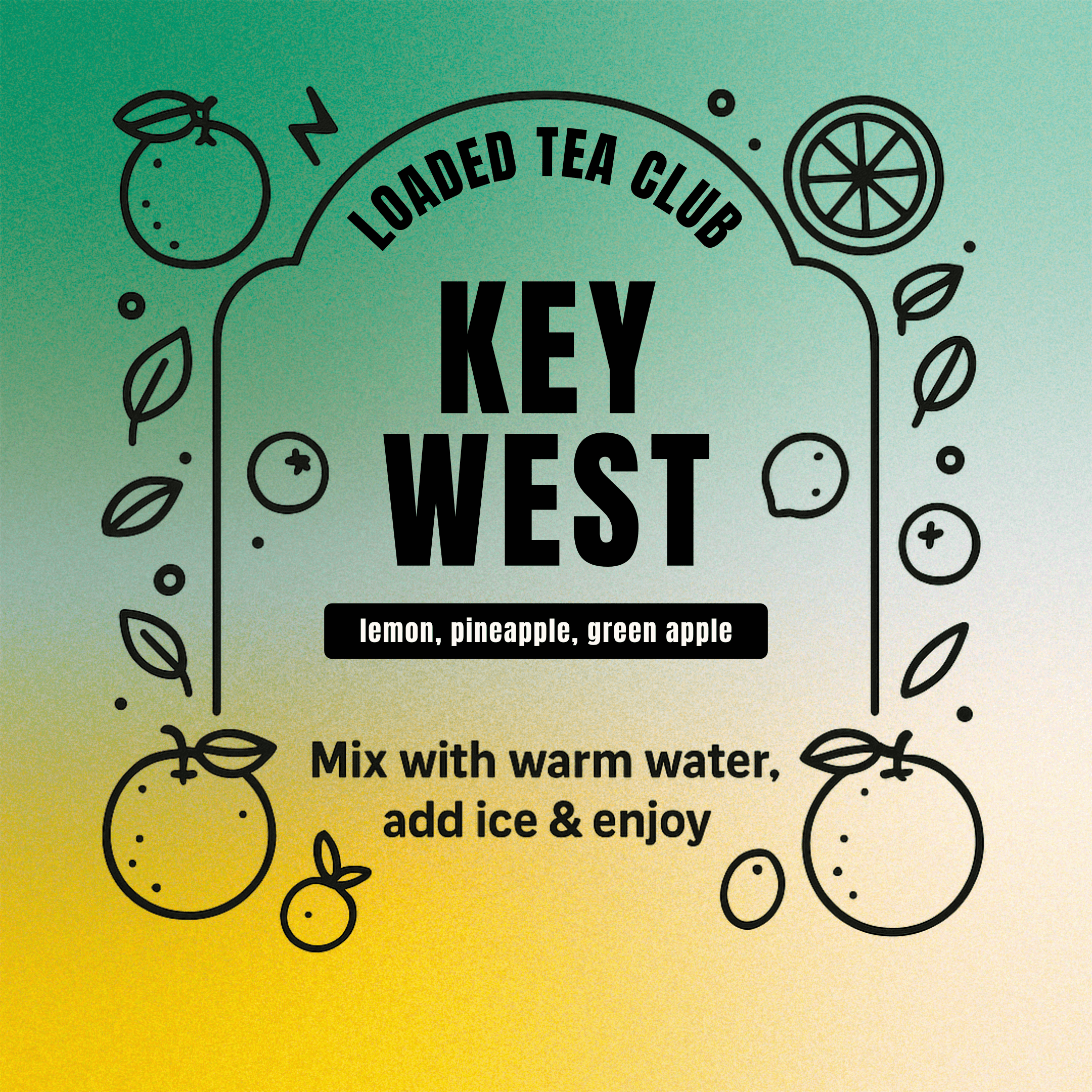 Key West loaded tea blend with lemon, pineapple, and green apple; mix and enjoy in a tumbler.