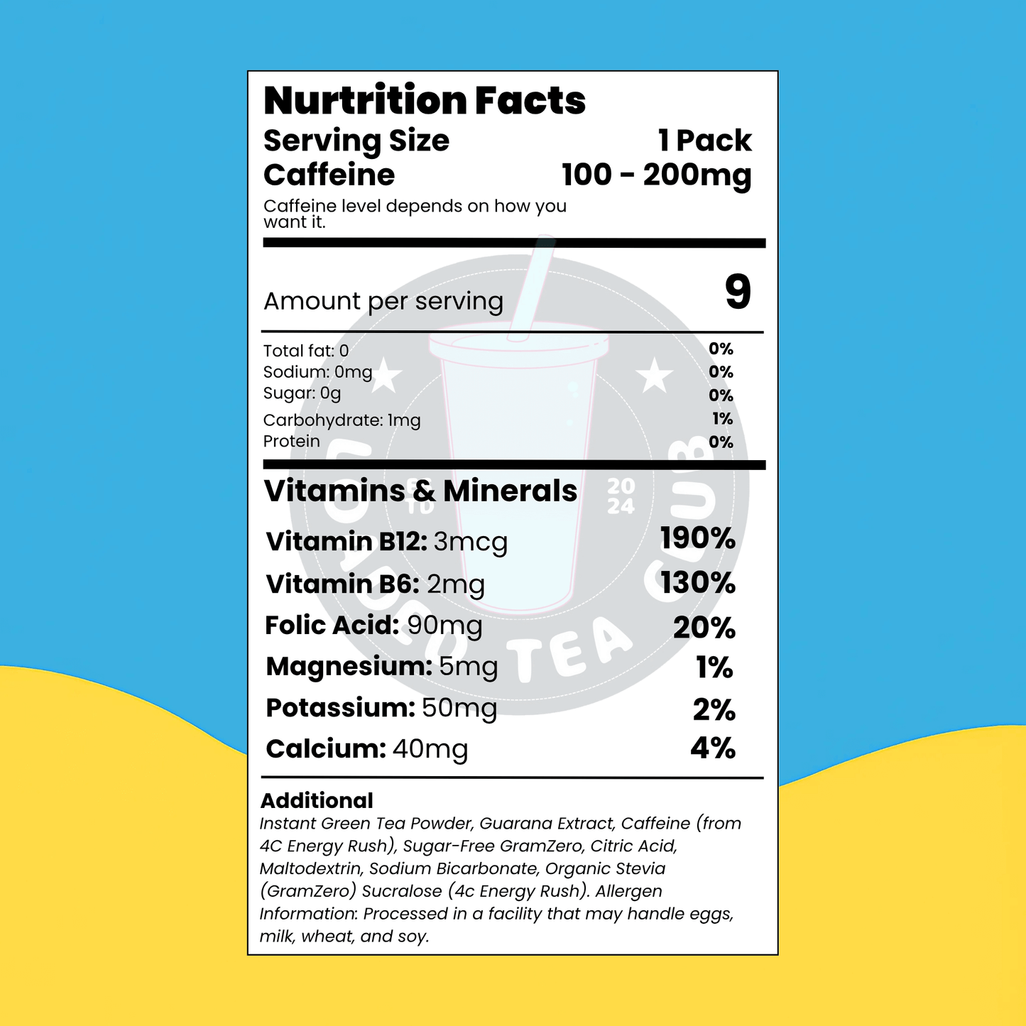 Nutrition facts for Peach Ring-arita Loaded Tea pack, detailing serving size and vitamin content on a colorful background.