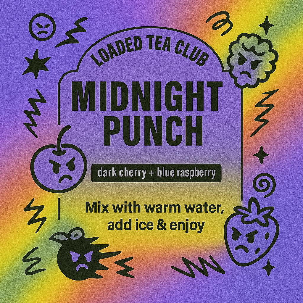 Midnight Punch loaded tea blend featuring dark cherry and blue raspberry with mixing instructions.