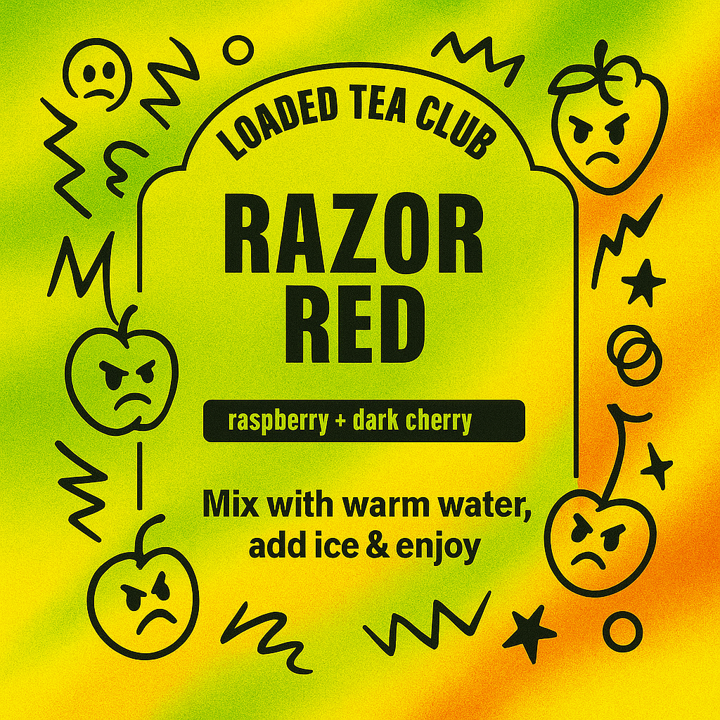 Razor Red loaded tea mix with raspberry and dark cherry flavors, instructions to mix with warm water and ice.