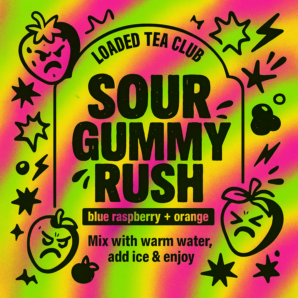 Sour Gummy Rush loaded tea blend with blue raspberry and orange. Mix with water, add ice, and enjoy!