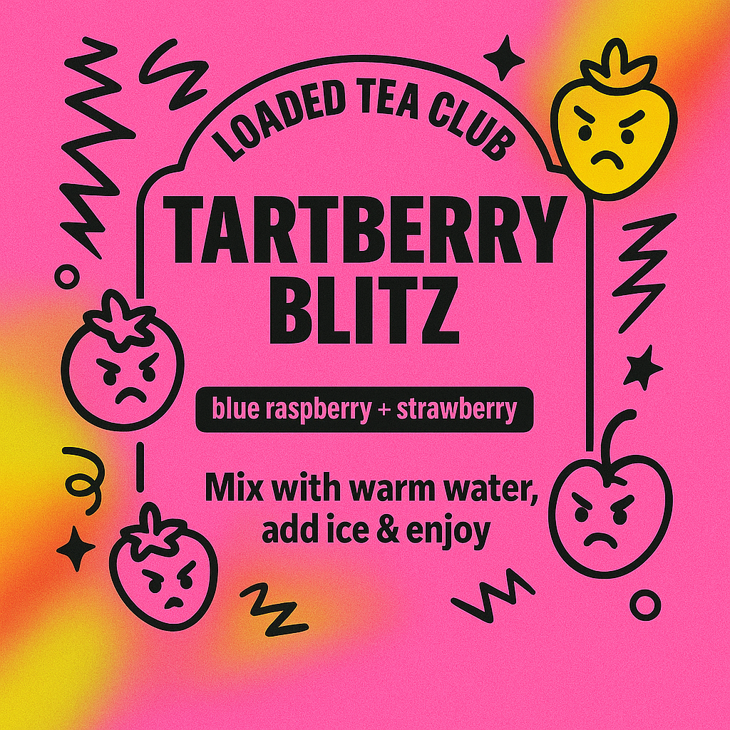 Tartberry Blitz loaded tea blend with blue raspberry and strawberry, mix with warm water and ice for refreshment.