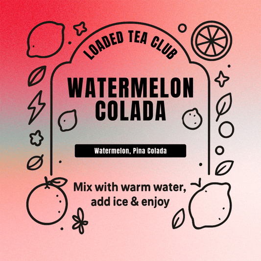 Watermelon Colada loaded tea mix instructions with illustrations of watermelon and lemons.
