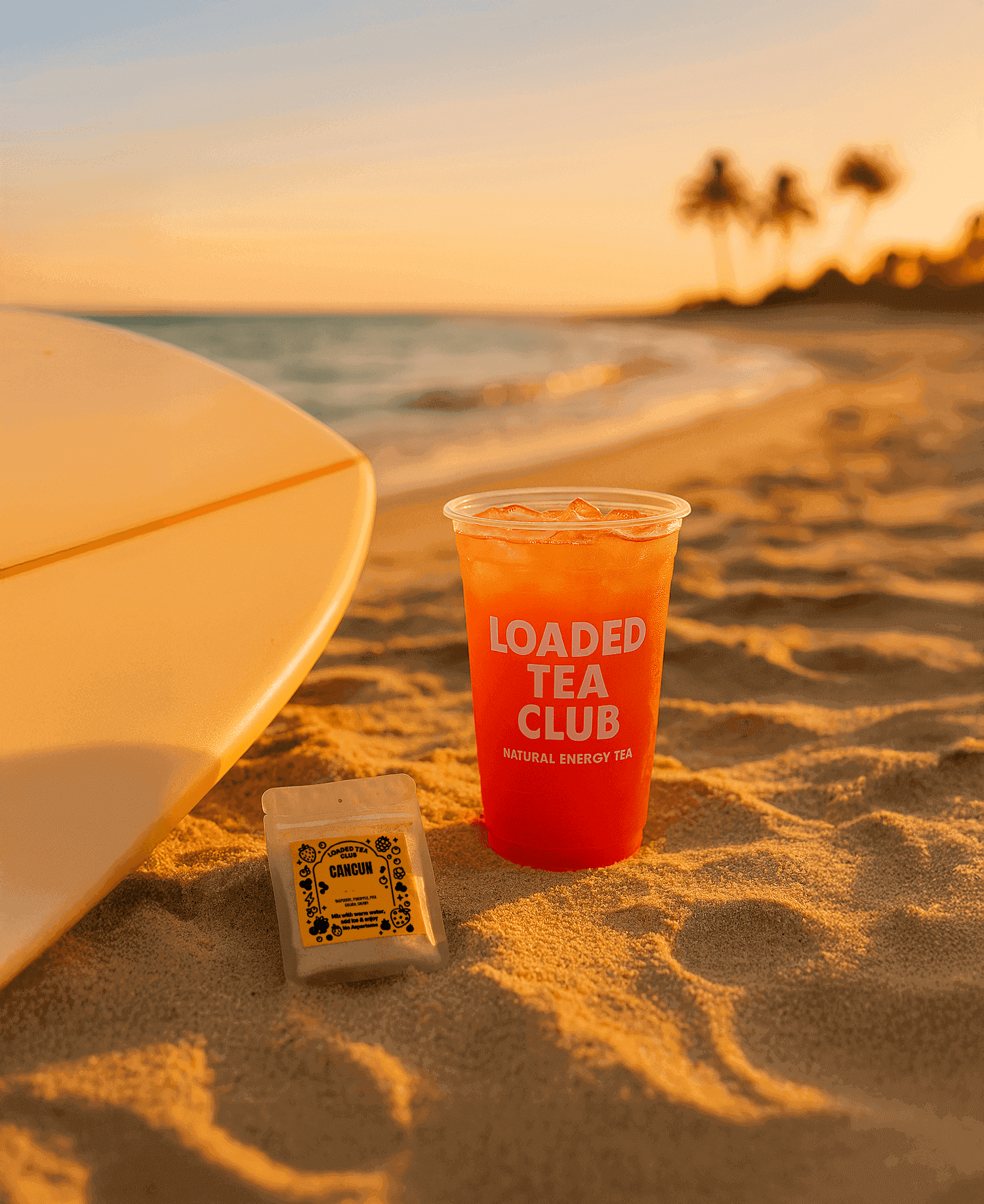 Refreshing Loaded Tea by the beach at sunset, featuring a cup and energy tea packet.