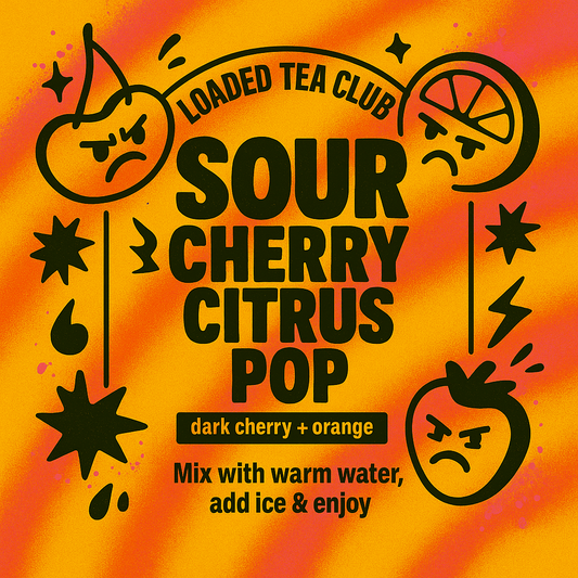 Sour Cherry Citrus Pop loaded tea blend with dark cherry and orange, featuring bold graphics and mixing instructions.