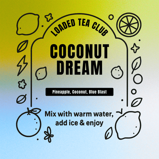 Coconut Dream Loaded Tea mix with pineapple, coconut, blue blast flavors, perfect for summer refreshment.