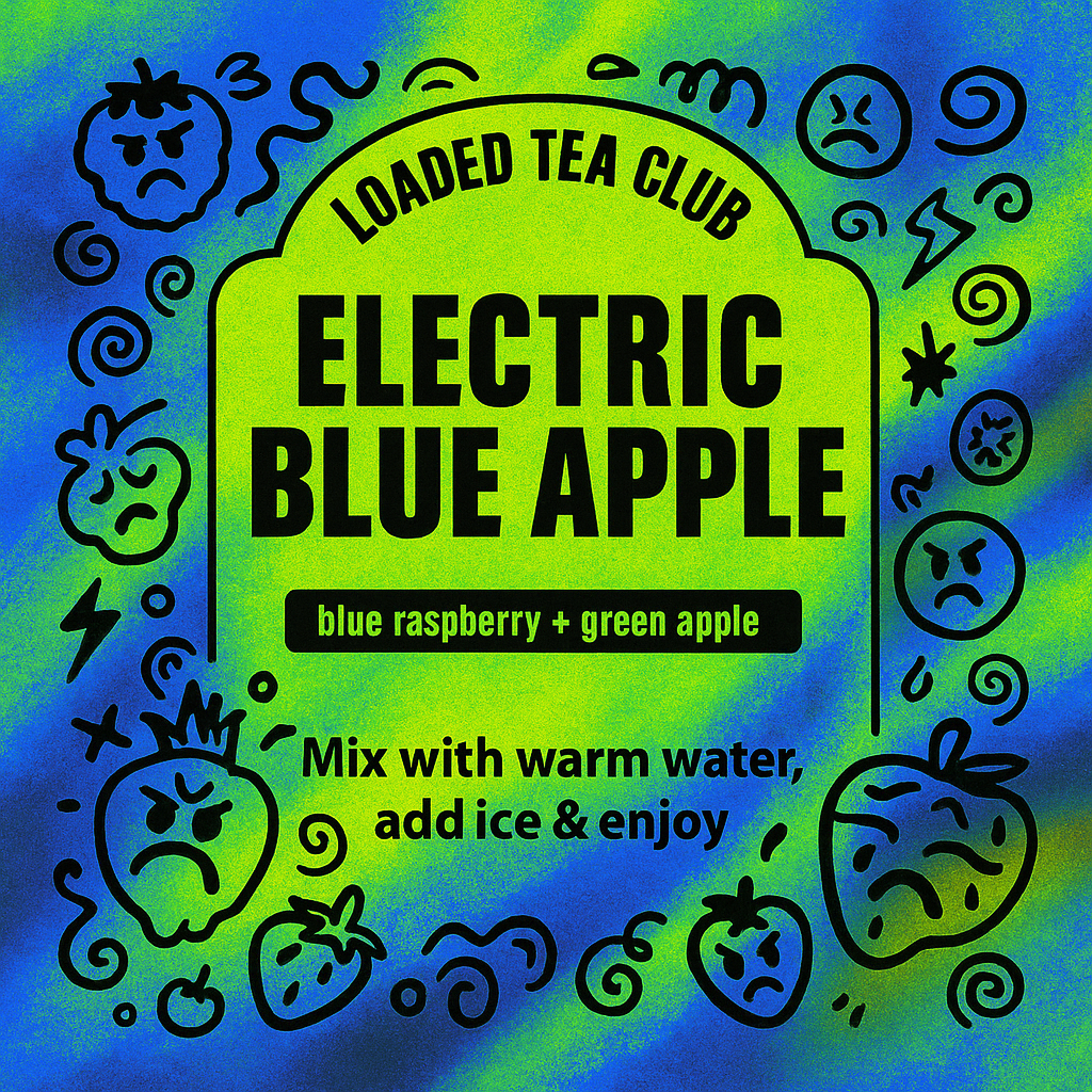 Electric Blue Apple loaded tea blend package featuring blue raspberry and green apple flavors, with mixing instructions.