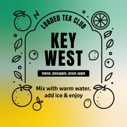 Key West loaded tea blend with lemon, pineapple, and green apple; mix and enjoy in a tumbler.