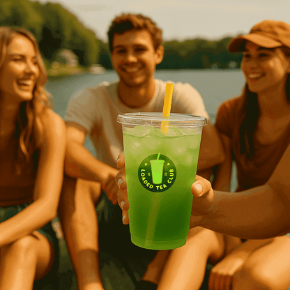 Refreshing green loaded tea in a clear cup held up by a hand, with friends enjoying summer by the water.