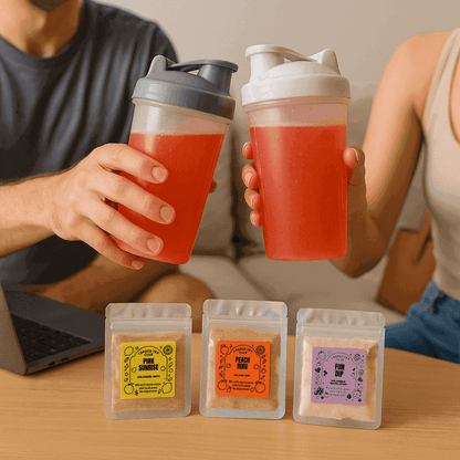 Two people holding loaded tea cups with peach flavors and product packs on a table.