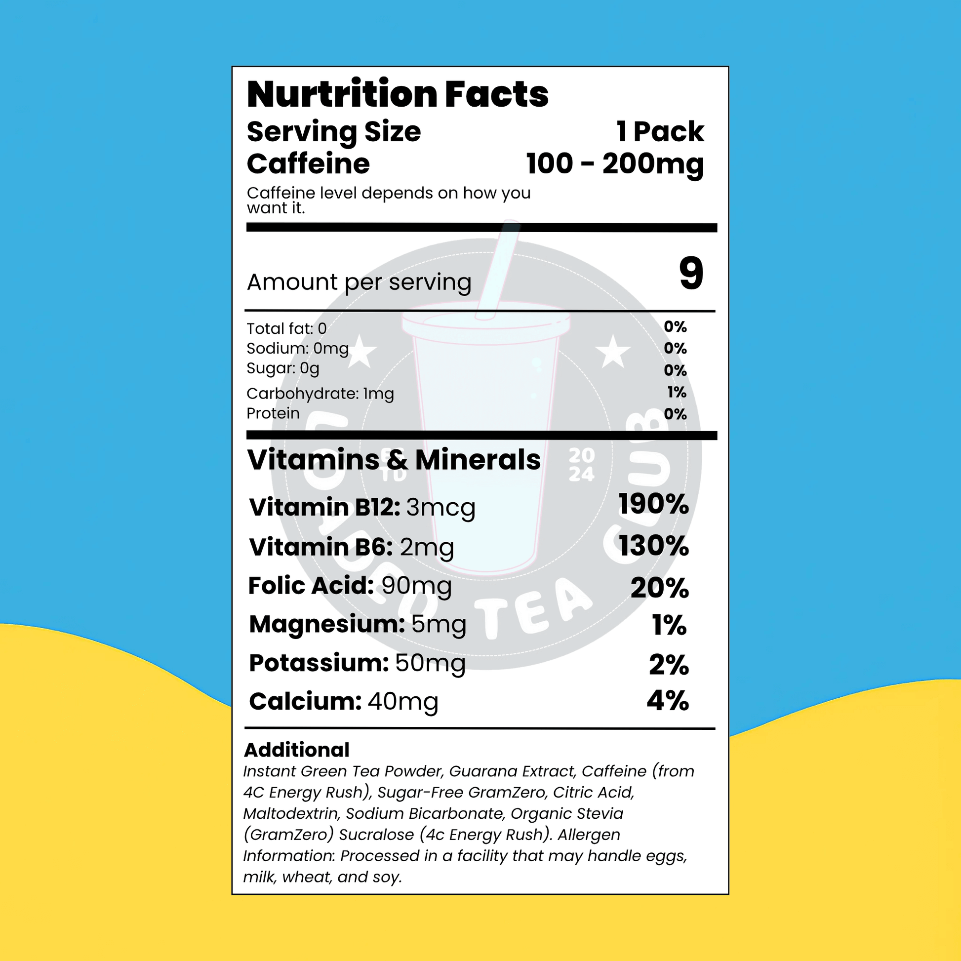 Nutrition facts for Peach Ring-arita Loaded Tea pack, detailing serving size and vitamin content on a colorful background.