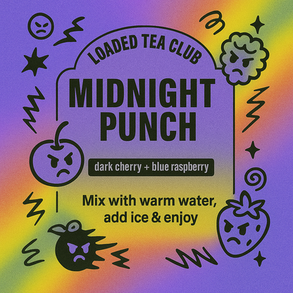 Midnight Punch loaded tea blend featuring dark cherry and blue raspberry with mixing instructions.