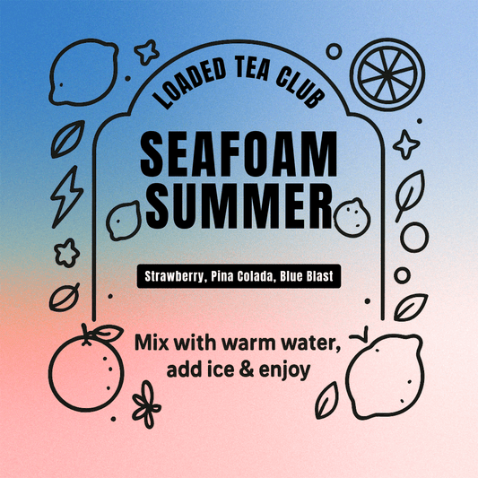 Seafoam Summer Loaded Tea packet featuring strawberry, pina colada, and blue blast flavors, with preparation instructions.